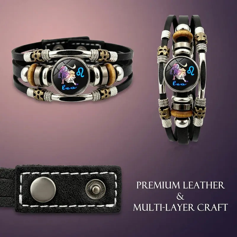 💥Soldes du dernier jour – 57 % de réduction ☪️Bracelet en cuir phosphorescent avec signe du zodiaque pour homme et femme (6,9/8,1 pouces)♑️