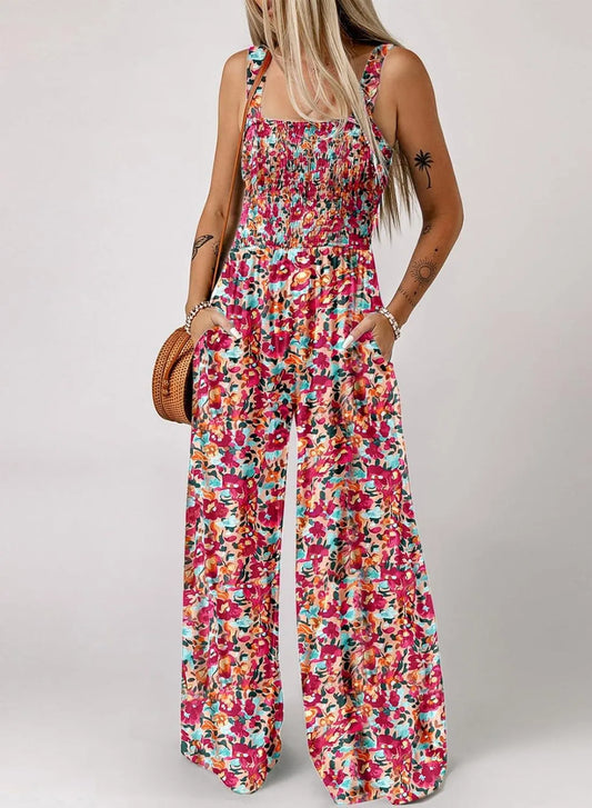 ✨ 60 % DE RÉDUCTION EN CE MOMENT ! 🌼 Combinaison sans manches pour femme à motif floral – poitrine smockée et jambes larges – chic estival 👒🏖️