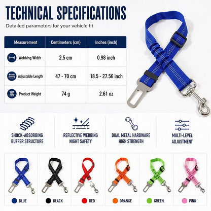 🐶🚗 Ceinture de sécurité réfléchissante et élastique pour animaux de compagnie – Système de retenue réglable pour voiture avec amortisseur de chocs