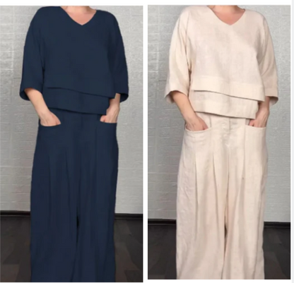 💎 Ensemble 2 pièces en coton-lin à ourlet irrégulier – haut à encolure en V + pantalon large, respirant et naturellement élégant 🍂👚
