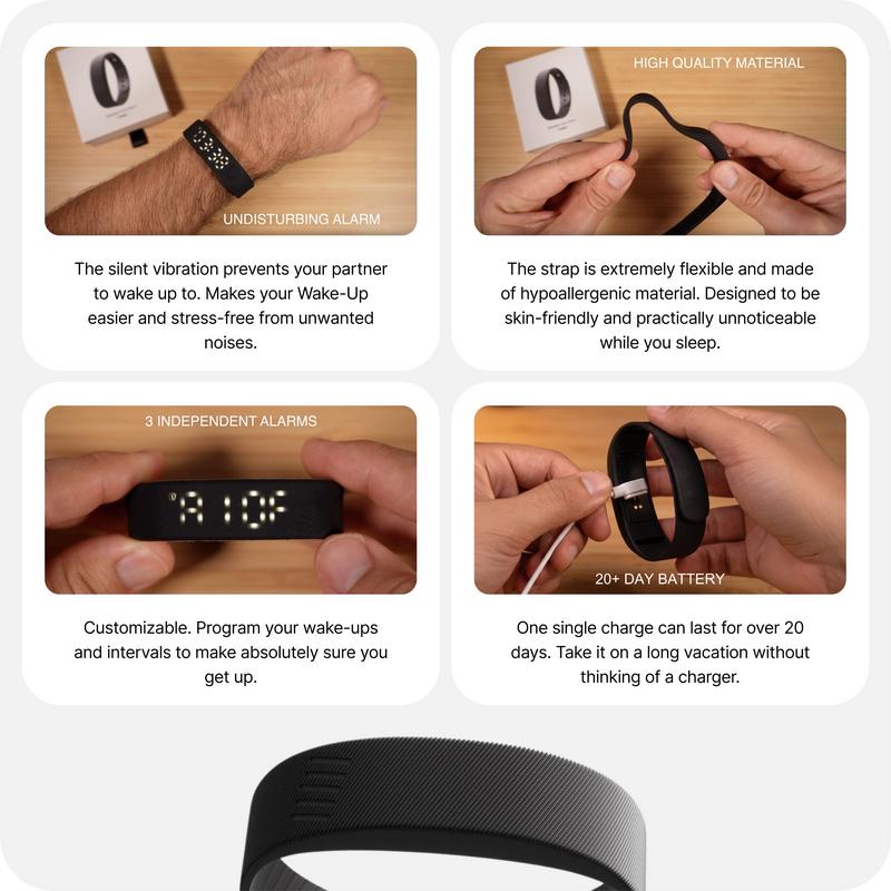 ⌚ Réveil vibrant silencieux DREANNO® - Dispositif de réveil à porter au poignet pour les gros dormeurs, évite de déranger votre partenaire, 2 niveaux d'intensité, jusqu'à 10 alarmes, batterie rechargeable de plus de 40 jours
