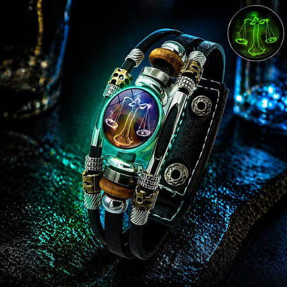 💥Soldes du dernier jour – 57 % de réduction ☪️Bracelet en cuir phosphorescent avec signe du zodiaque pour homme et femme (6,9/8,1 pouces)♑️