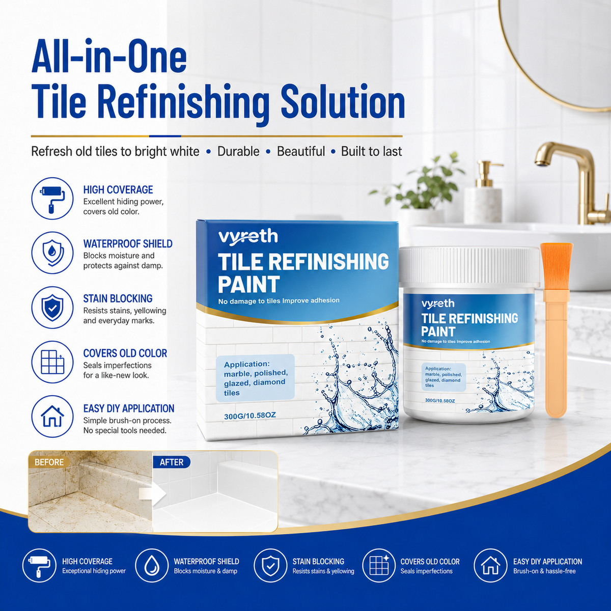 Peinture de rénovation blanche pour carrelage – Revêtement imperméable et anti-taches à appliquer soi-même sur les carreaux, les éviers et les toilettes