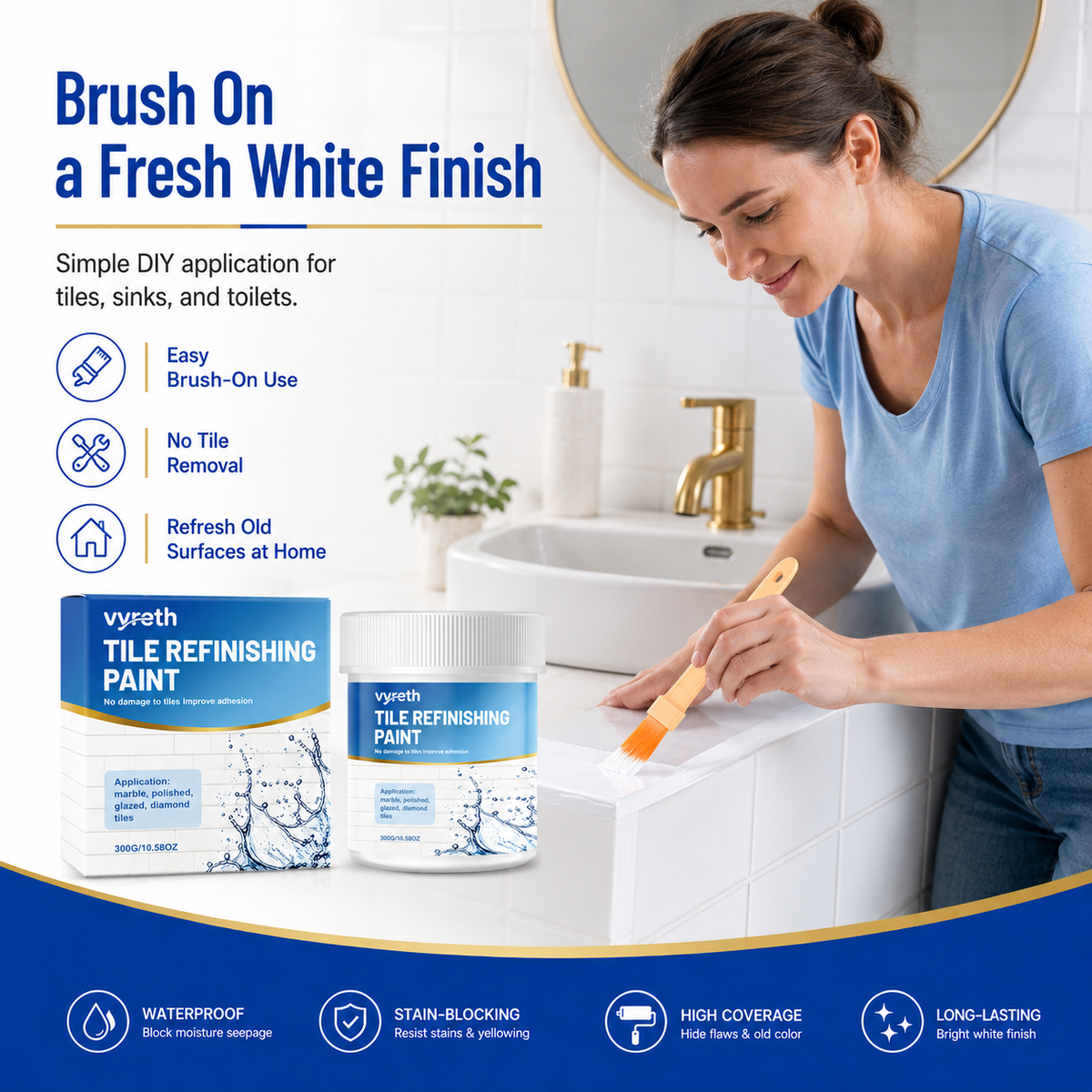 Peinture de rénovation blanche pour carrelage – Revêtement imperméable et anti-taches à appliquer soi-même sur les carreaux, les éviers et les toilettes