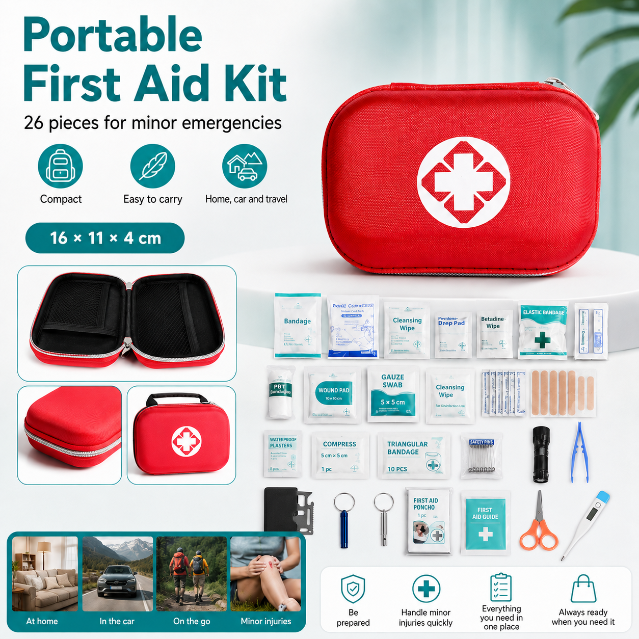 Trousse de premiers secours : trousse d'urgence portable pour la maison — avec tous les accessoires | Ensemble de 26 pièces