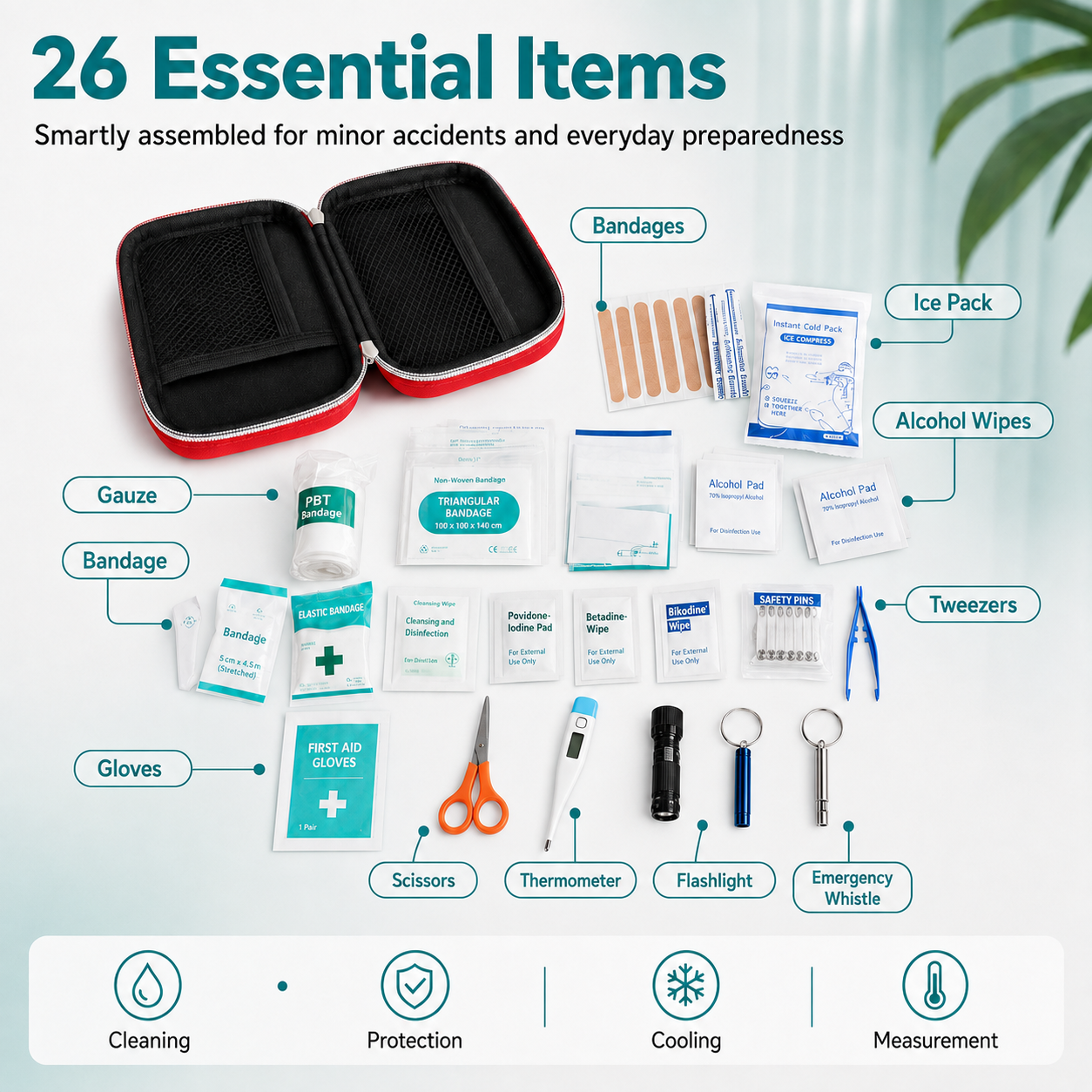 Trousse de premiers secours : trousse d'urgence portable pour la maison — avec tous les accessoires | Ensemble de 26 pièces