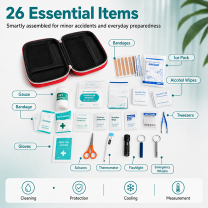Trousse de premiers secours : trousse d'urgence portable pour la maison — avec tous les accessoires | Ensemble de 26 pièces