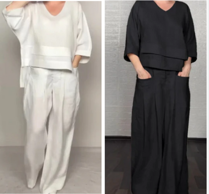 💎 Ensemble 2 pièces en coton-lin à ourlet irrégulier – haut à encolure en V + pantalon large, respirant et naturellement élégant 🍂👚