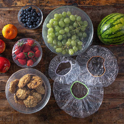Lot de 100 films étirables jetables pour bols et assiettes, couvercles élastiques pour récipients, alternative au film alimentaire pour conserver les restes, les fruits, les légumes et les aliments en cuisine