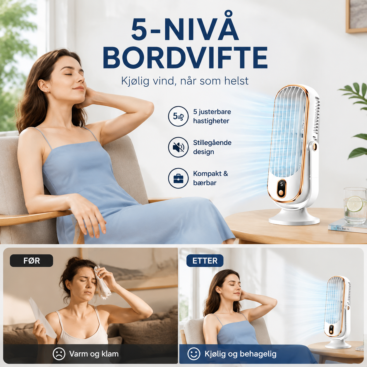 Ventilateur de bureau portable avec 5 vitesses