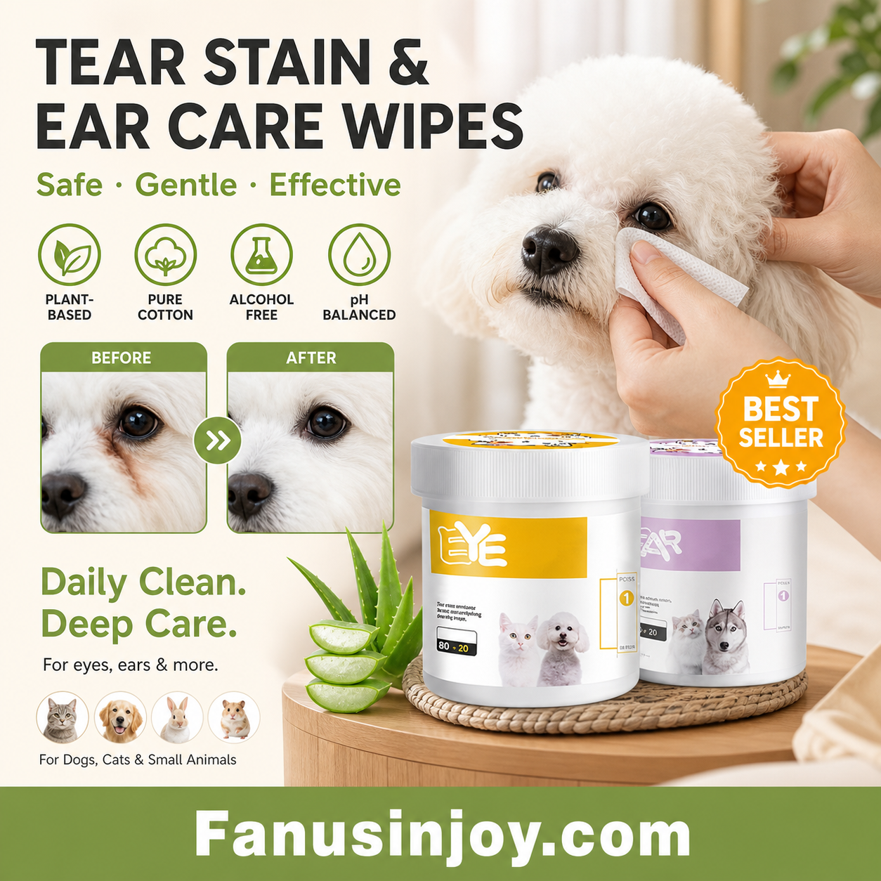🌿 1 acheté 1 offert 🐶 Lingettes nettoyantes yeux et oreilles – À base de plantes, sans parfum, nettoie en douceur les yeux et les oreilles de votre compagnon à quatre pattes 🐱💚
