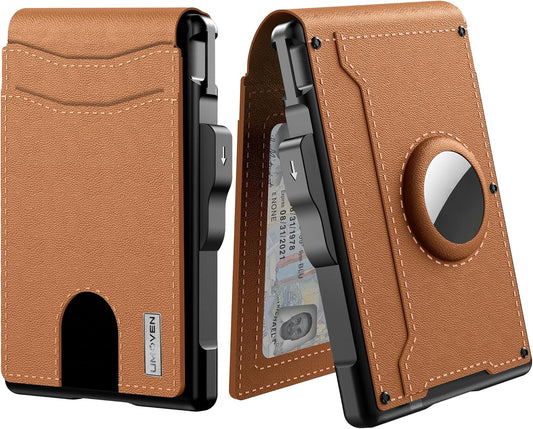 ✨Portefeuille AirTag pour homme - avec étui en aluminium pop-up, pince à billets, fentes en cuir fines, porte-cartes de crédit, blocage RFID, portefeuille minimaliste à deux volets