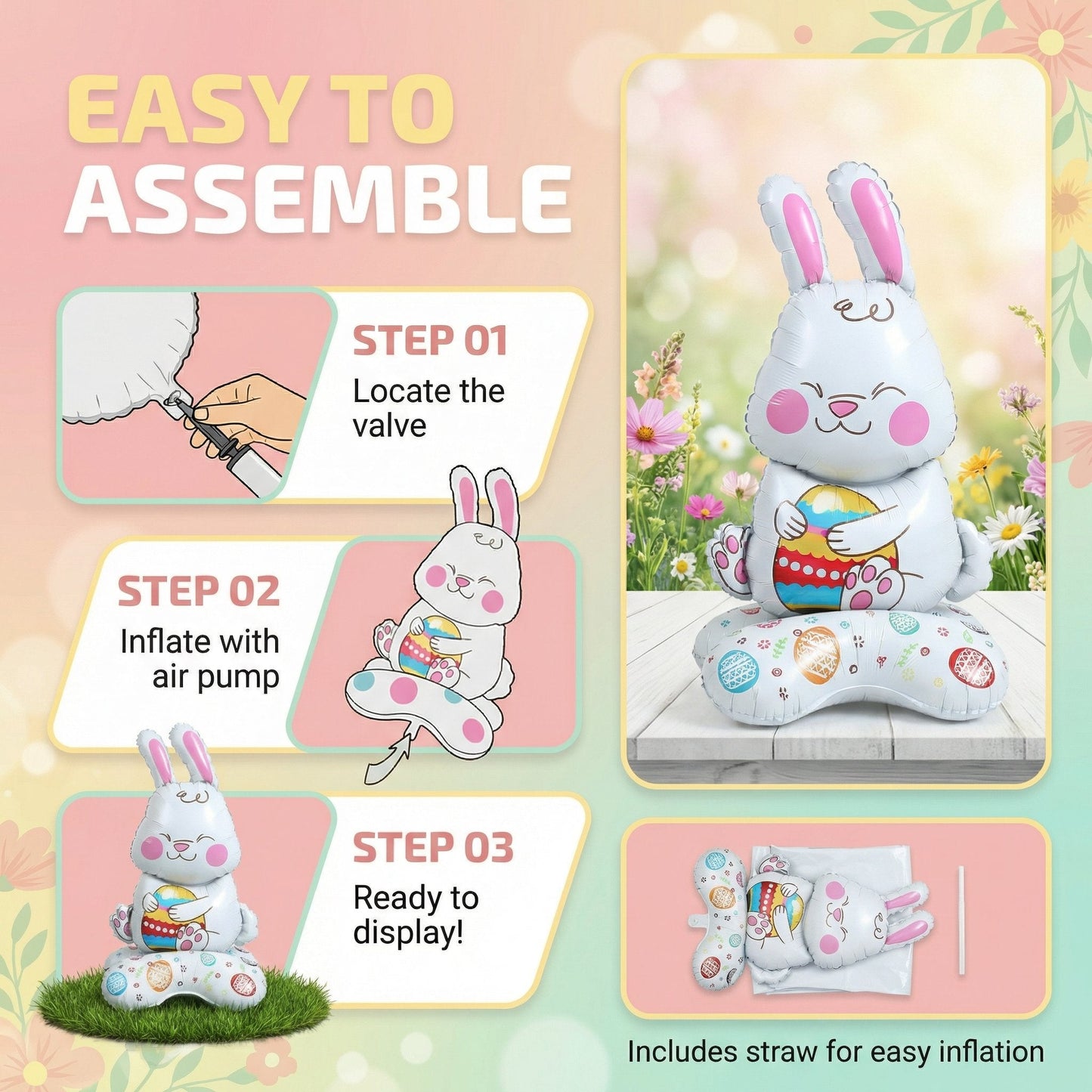 🐰 58% DE RÉDUCTION ! 🎉 Ballons 3D sur Pied pour Pâques – Géants Lapin/Carotte/Poussin/Œuf – Décoration Festive, Gonflage à l'Air & Parfait pour Enfants/Jardin 🌷