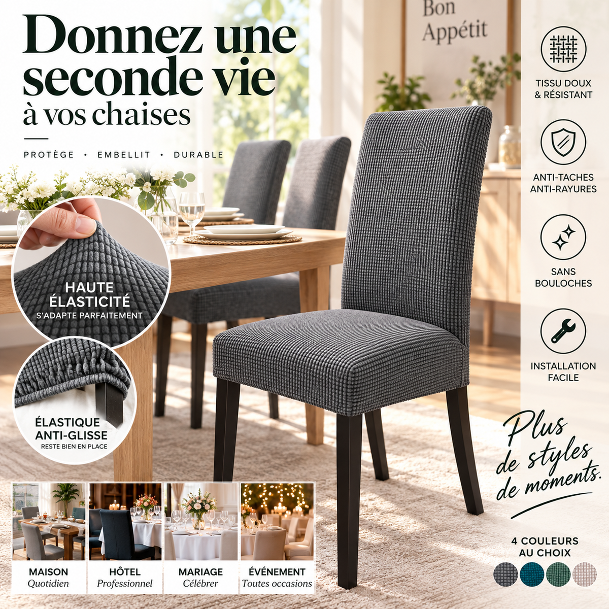 🔥‑50% Réduction ! Housse de chaise extensible 🪑 Ajustement parfait, anti-tache, protège et rénove vos chaises facilement ✨