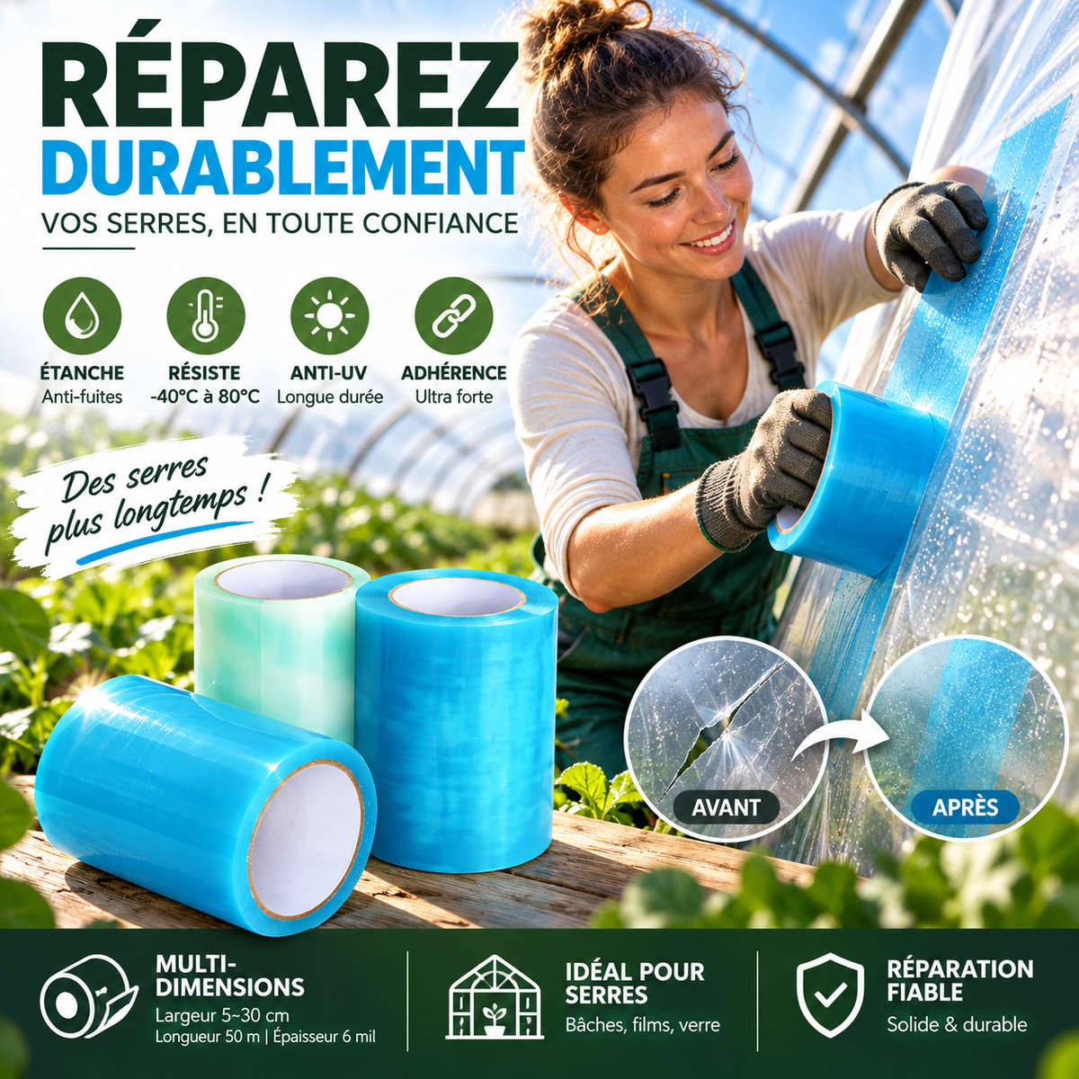 50% de Réduction – Ruban de Réparation de Serre Étanche PE Renforcé 50 m