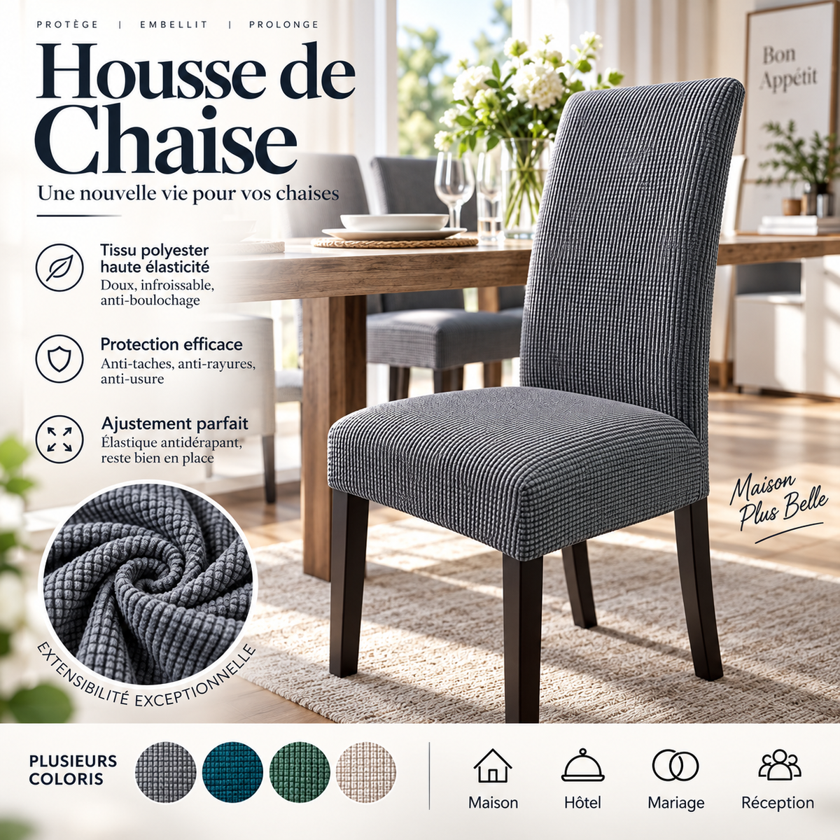 🔥‑50% Réduction ! Housse de chaise extensible 🪑 Ajustement parfait, anti-tache, protège et rénove vos chaises facilement ✨