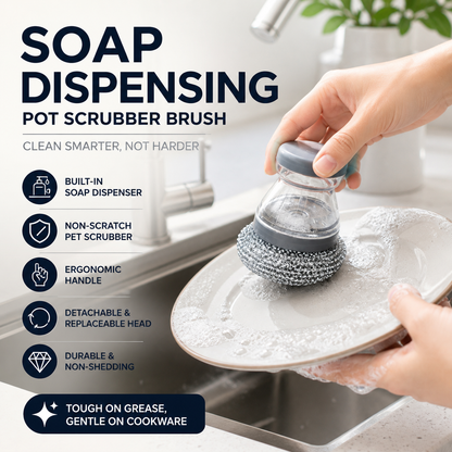 Brosse à récurer avec distributeur de liquide vaisselle et tête amovible en PET