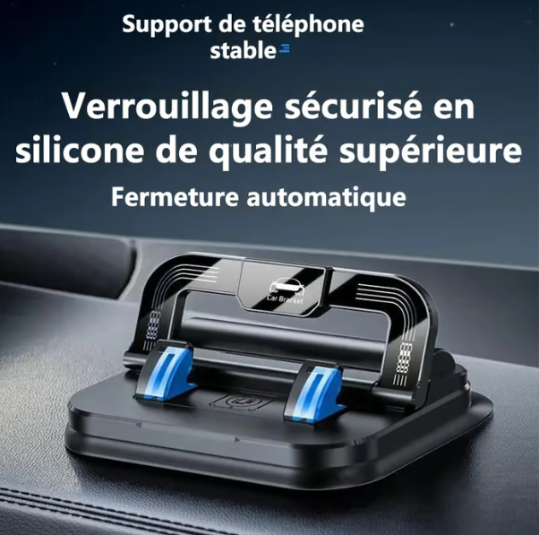 Support de téléphone pour voiture 🔄🚗 | Orientable à 360° · Verrouillage à une main en 0,1 s · Antidérapant et n'abîme pas le tableau de bord · Étanche et résistant aux taches