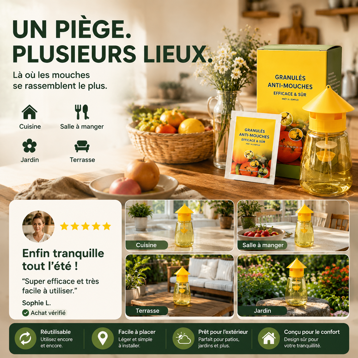 Piège à mouches suspendu intérieur extérieur, capture efficace sans toxique pour jardin maison et terrasse ✨