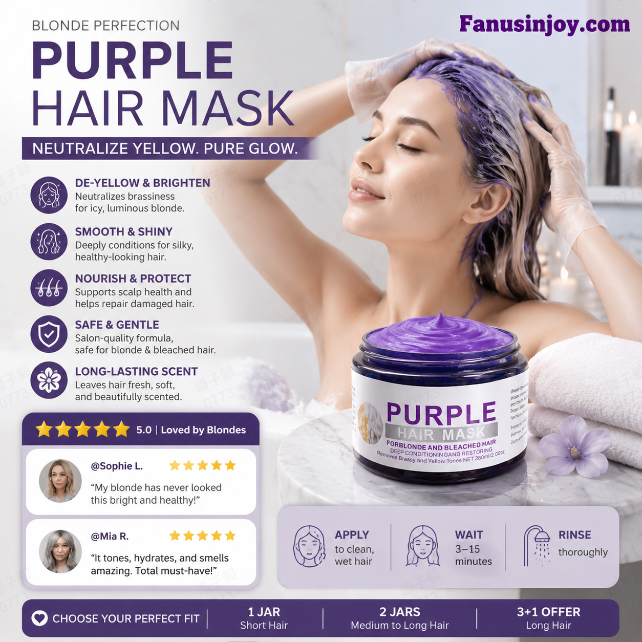 💜✨ Masque capillaire violet hydratant pour cheveux clairs, soin réparateur parfum longue durée anti-reflets jaunes ✨
