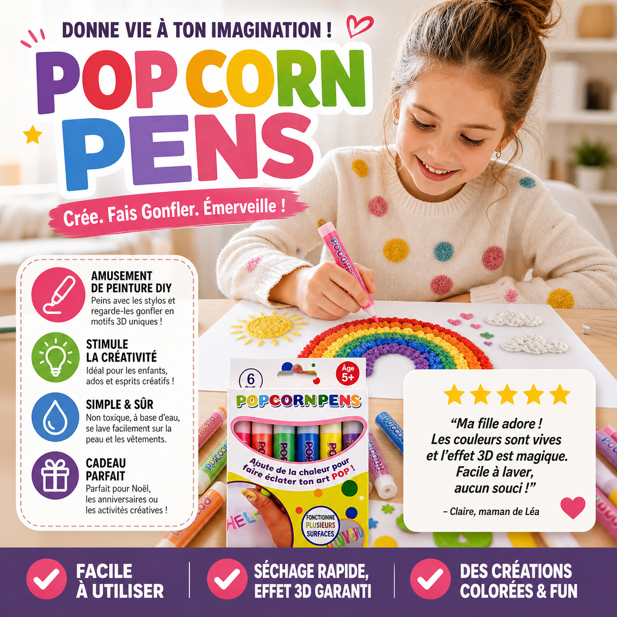 🎄🎁 Stylos à dessin DIY Bubble Popcorn, création ludique, cadeau original pour enfants et loisirs créatifs ✨