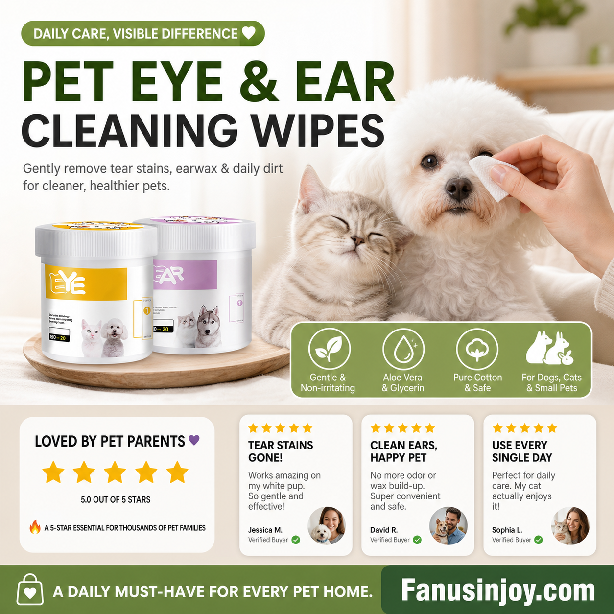 🌿 1 acheté 1 offert 🐶 Lingettes nettoyantes yeux et oreilles – À base de plantes, sans parfum, nettoie en douceur les yeux et les oreilles de votre compagnon à quatre pattes 🐱💚