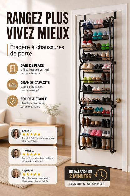 👟🔥 -50% ! Organisateur Chaussures Suspendu Porte – Jusqu'à 36 Paires Métal Robuste Stable, Étagères Inclinées Anti-Glissement Talons Bottes Baskets, Installation Sans Outils Secondes · 3 Coloris · 4-8-12 Étages ✨