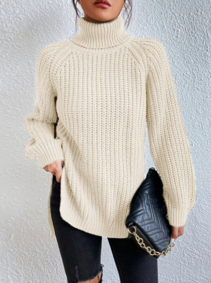 💃Pull en coton à col roulé et manches raglan à ourlet fendu🌸