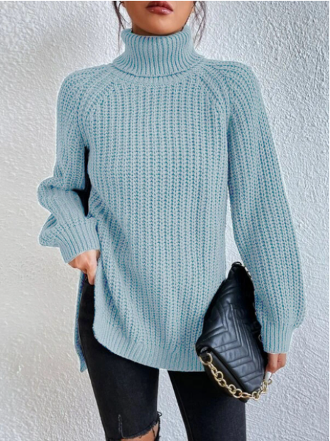 💃Pull en coton à col roulé et manches raglan à ourlet fendu🌸