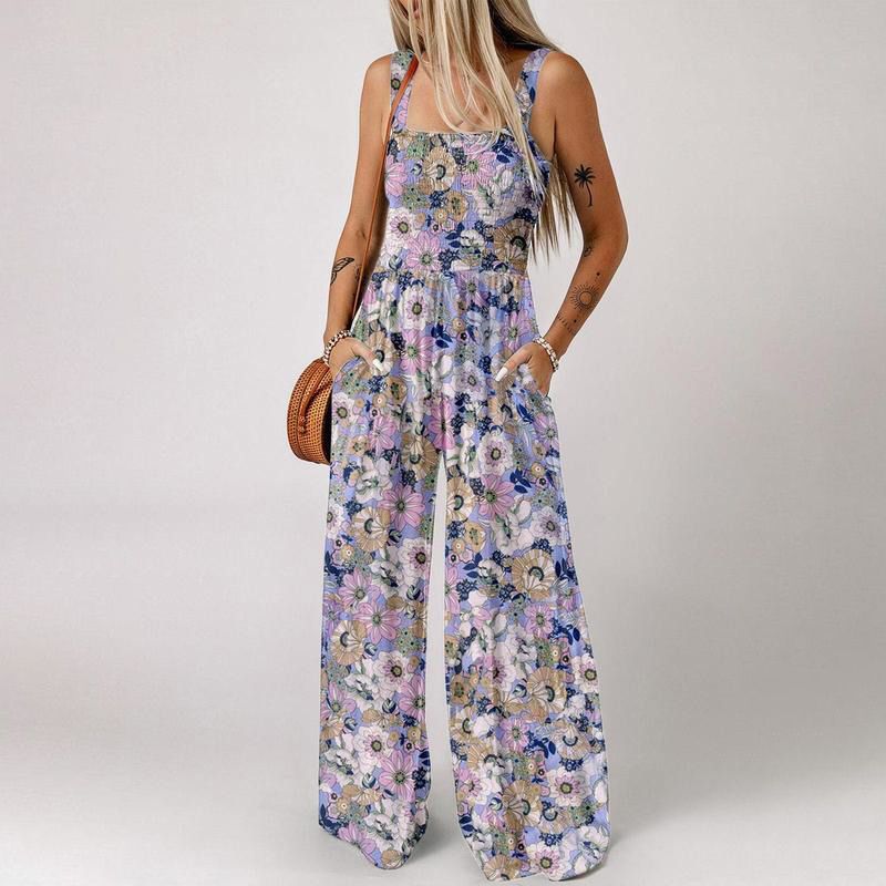 ✨ 60 % DE RÉDUCTION EN CE MOMENT ! 🌼 Combinaison sans manches pour femme à motif floral – poitrine smockée et jambes larges – chic estival 👒🏖️