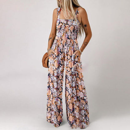 ✨ 60 % DE RÉDUCTION EN CE MOMENT ! 🌼 Combinaison sans manches pour femme à motif floral – poitrine smockée et jambes larges – chic estival 👒🏖️