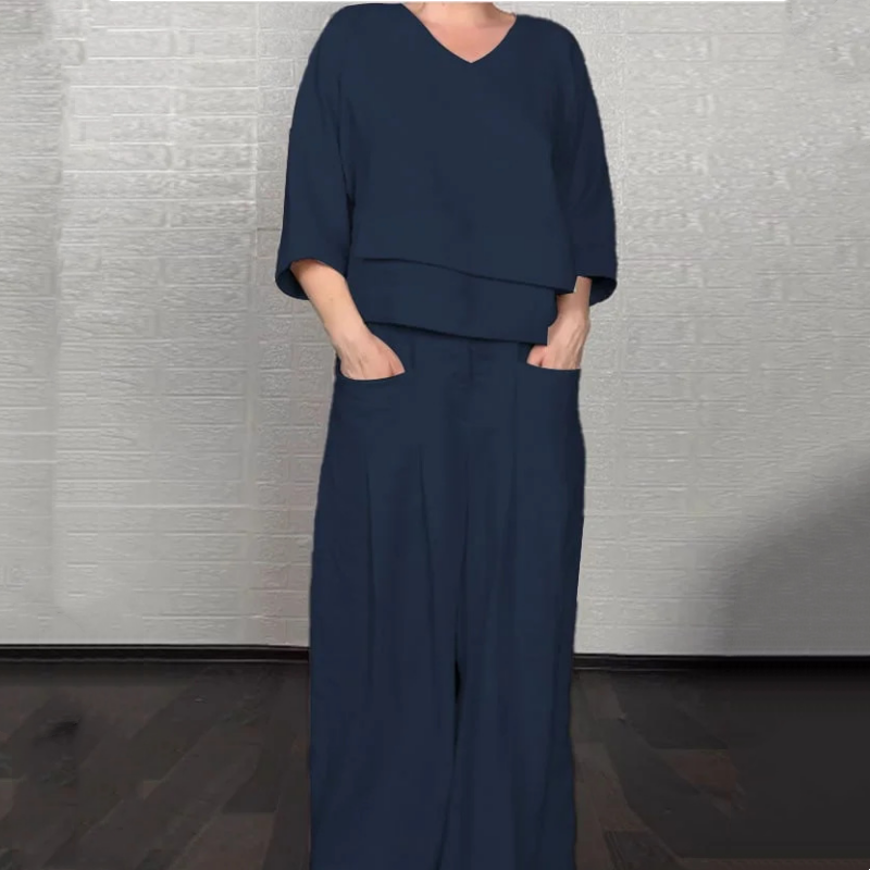 💎 Ensemble 2 pièces en coton-lin à ourlet irrégulier – haut à encolure en V + pantalon large, respirant et naturellement élégant 🍂👚