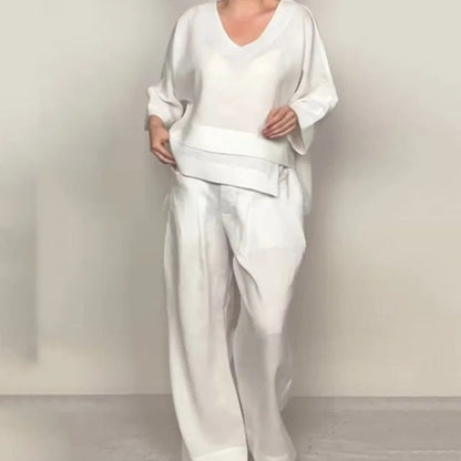 💎 Ensemble 2 pièces en coton-lin à ourlet irrégulier – haut à encolure en V + pantalon large, respirant et naturellement élégant 🍂👚