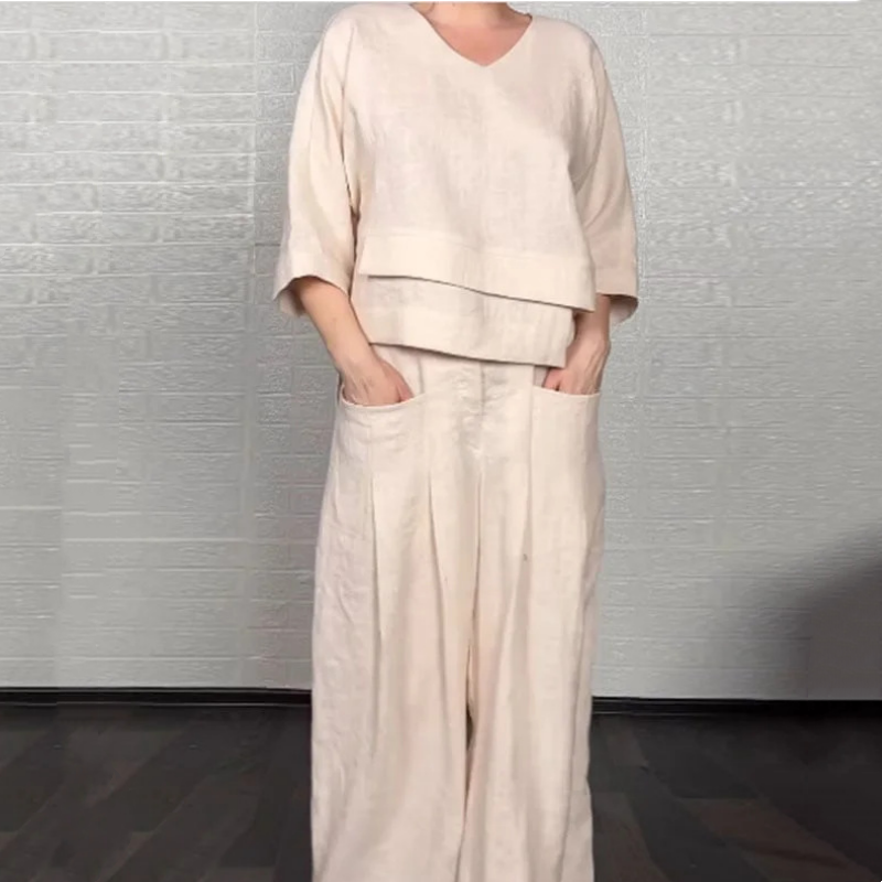 💎 Ensemble 2 pièces en coton-lin à ourlet irrégulier – haut à encolure en V + pantalon large, respirant et naturellement élégant 🍂👚