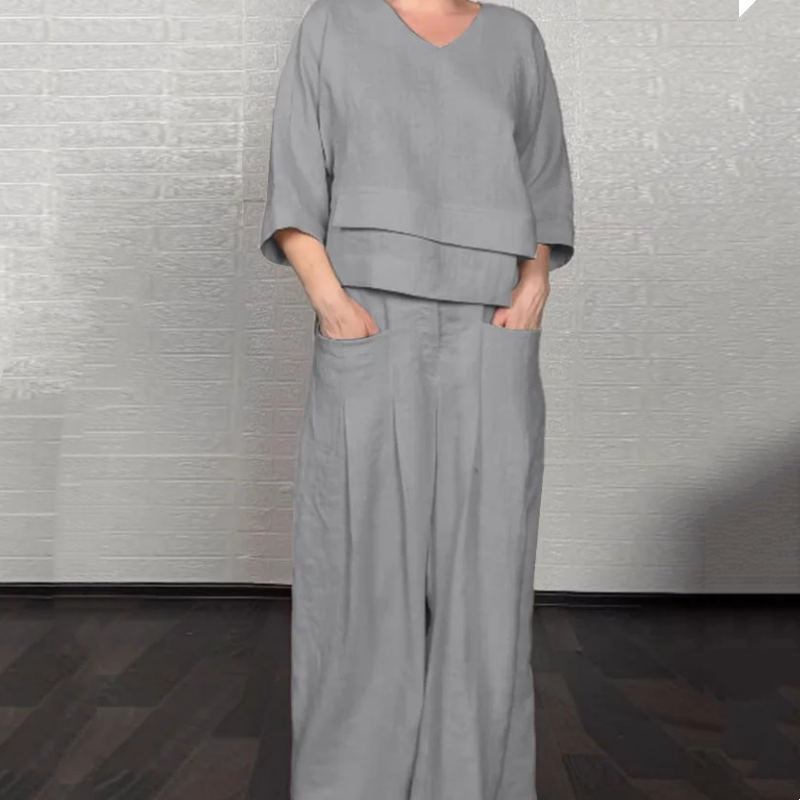 💎 Ensemble 2 pièces en coton-lin à ourlet irrégulier – haut à encolure en V + pantalon large, respirant et naturellement élégant 🍂👚
