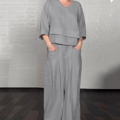 💎 Ensemble 2 pièces en coton-lin à ourlet irrégulier – haut à encolure en V + pantalon large, respirant et naturellement élégant 🍂👚