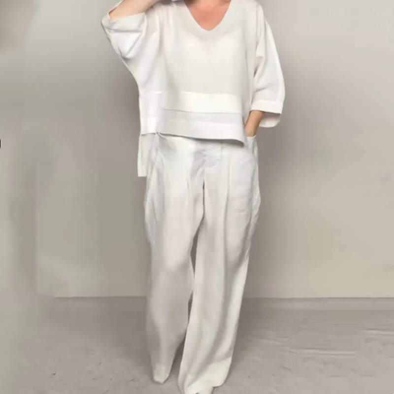 💎 Ensemble 2 pièces en coton-lin à ourlet irrégulier – haut à encolure en V + pantalon large, respirant et naturellement élégant 🍂👚