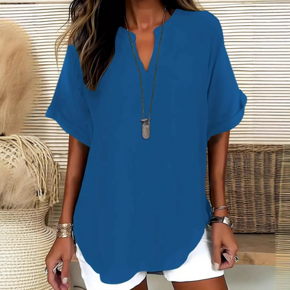 👚🔥 PROMO -50% ! Top Ample à Manches Courtes – Col en V, Ourlet Asymétrique & Tissu Léger Respirant (5 Couleurs)