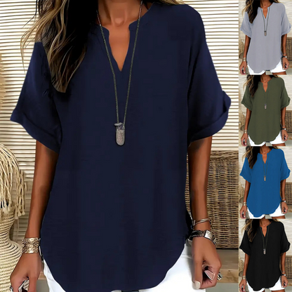 👚🔥 PROMO -50% ! Top Ample à Manches Courtes – Col en V, Ourlet Asymétrique & Tissu Léger Respirant (5 Couleurs)
