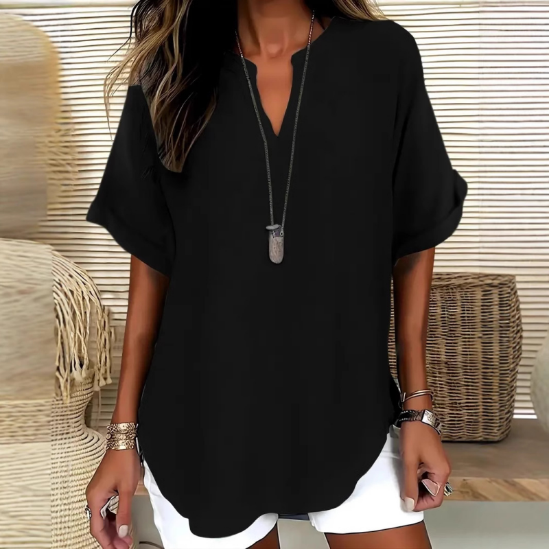 👚🔥 PROMO -50% ! Top Ample à Manches Courtes – Col en V, Ourlet Asymétrique & Tissu Léger Respirant (5 Couleurs)