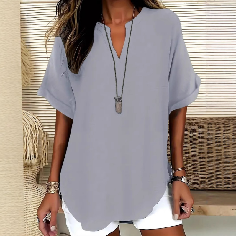 👚🔥 PROMO -50% ! Top Ample à Manches Courtes – Col en V, Ourlet Asymétrique & Tissu Léger Respirant (5 Couleurs)