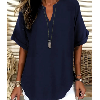 👚🔥 PROMO -50% ! Top Ample à Manches Courtes – Col en V, Ourlet Asymétrique & Tissu Léger Respirant (5 Couleurs)