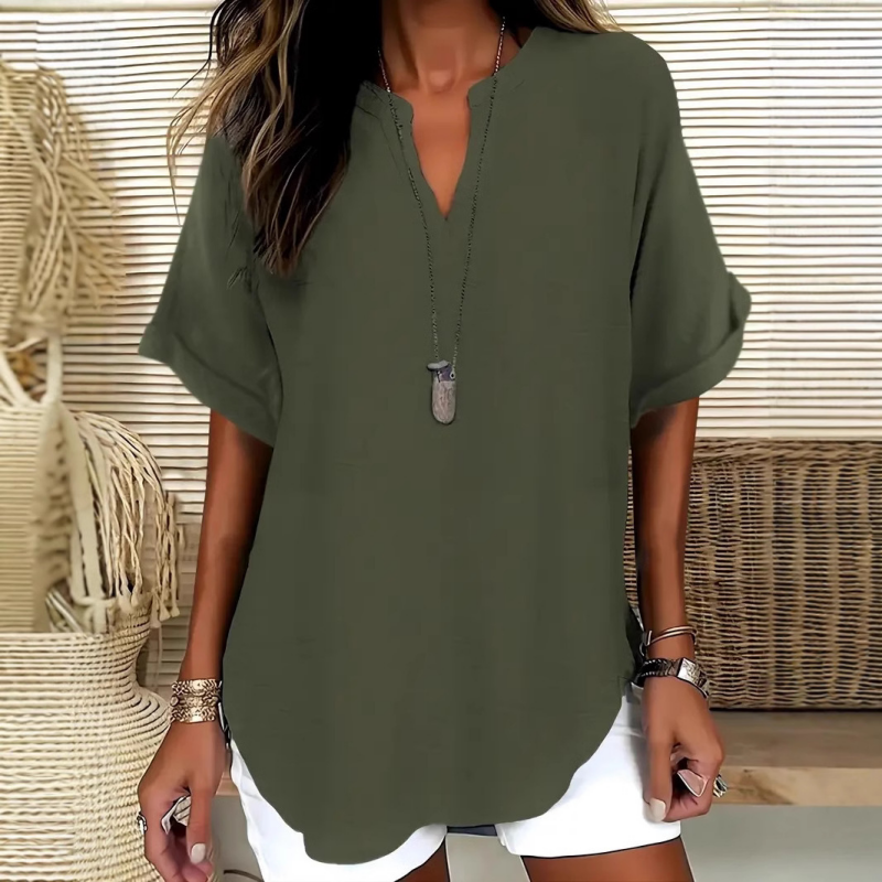 👚🔥 PROMO -50% ! Top Ample à Manches Courtes – Col en V, Ourlet Asymétrique & Tissu Léger Respirant (5 Couleurs)