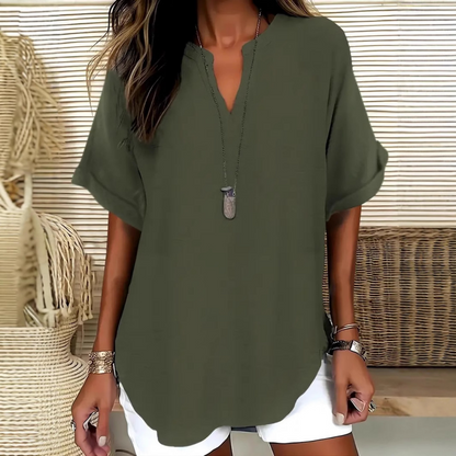 👚🔥 PROMO -50% ! Top Ample à Manches Courtes – Col en V, Ourlet Asymétrique & Tissu Léger Respirant (5 Couleurs)