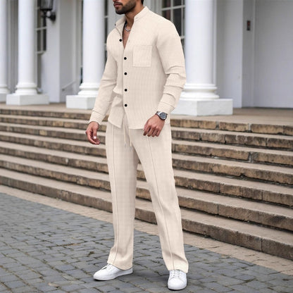 🎁2026 Nouveauté 52 % DE RÉDUCTION💥Chemise et pantalon décontractés en tissu gaufré pour homme, ensemble 2 pièces