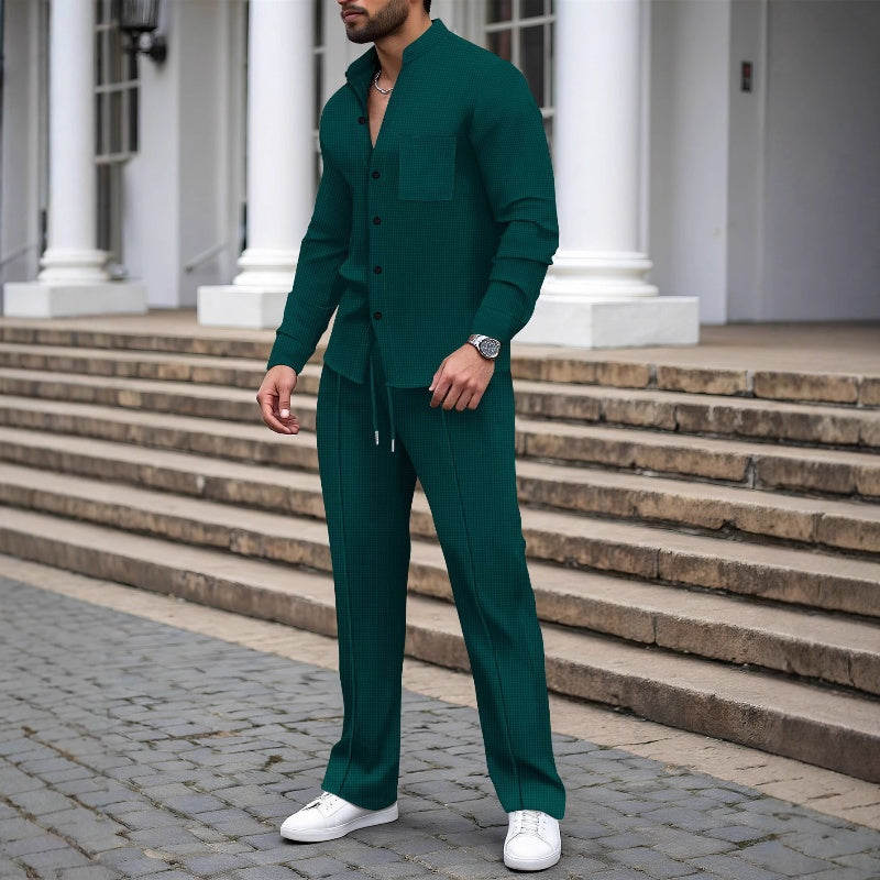 🎁2026 Nouveauté 52 % DE RÉDUCTION💥Chemise et pantalon décontractés en tissu gaufré pour homme, ensemble 2 pièces