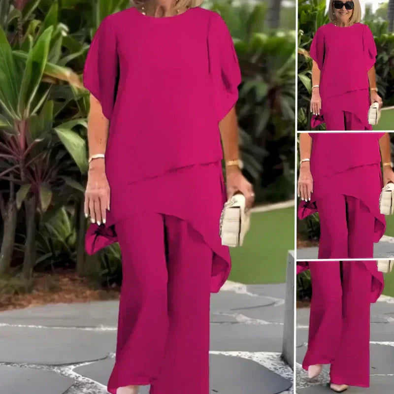 Ensemble composé d'un haut asymétrique charmant et d'un pantalon à jambes larges