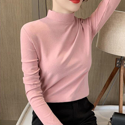 🏆Haut confortable uni à manches longues et col mi-haut pour femme🌿🌿