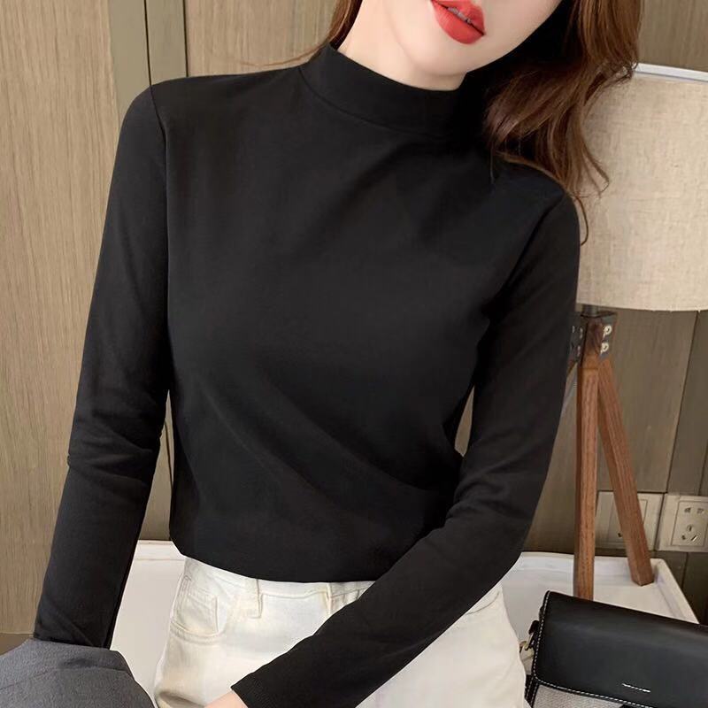 🏆Haut confortable uni à manches longues et col mi-haut pour femme🌿🌿