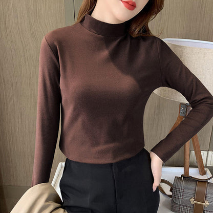 🏆Haut confortable uni à manches longues et col mi-haut pour femme🌿🌿